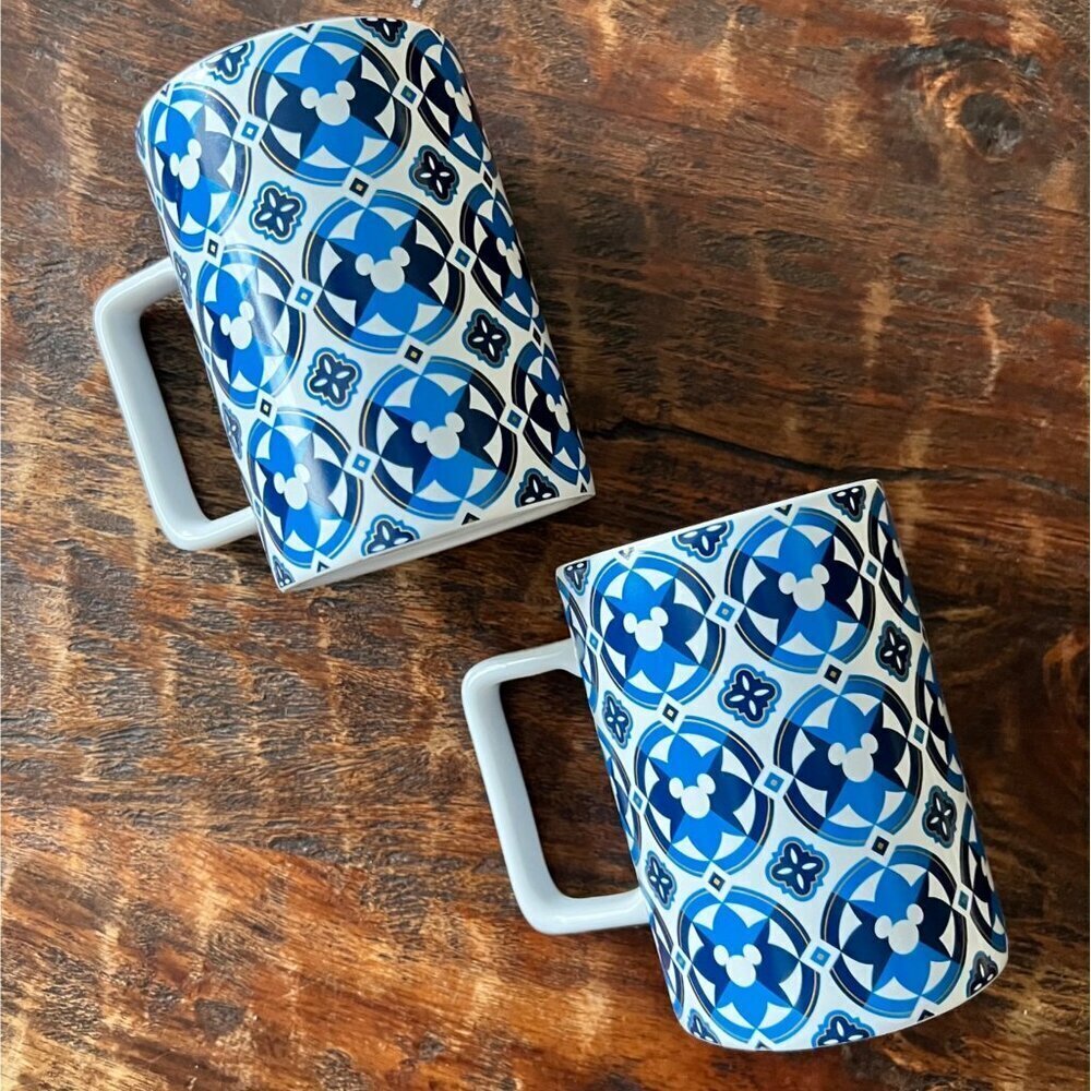 Two Disney Geometric Blue Micky Mug 12 Ounce